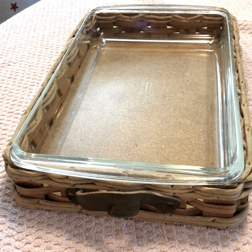 Vintage Pyrex Corning Glass 233 Leather Handle Rectangular Wicker Weave Basket